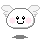 Pixelated white rounded character with pink blush, black eyes and smile, small wings on sides, gray shadow below.