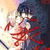 Pixelated anime-style character with dark hair and red accents, overlaid with blue text on black blocks in a four