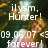 A pixelated image of a person in a dark outdoor setting with text overlays, showing two distinct states: one with 'ilysm. Hunter! 09.06.07 <3 forever!' and another with 'you mean so much to me baby!' plus '<333' at the bottom.