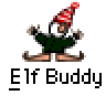 Animated pixel art contact sheet showing two frames of an elf-themed buddy icon with text elements and a website URL.