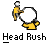 Pixelated character in yellow outfit holding large white circular object, with text "Head Rush" below.