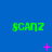 Green 'scanz' text on blue background with pink star-like shapes changing position and size across frames.