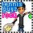 Pixelated static icon of a cartoon character holding tennis racket and ball with text banners above, set against white background with black-and-white striped border.