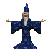 Pixelated wizard in blue robe with white beard and pointed hat, shown in six sequential poses with varying arm positions against gray background.