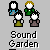 Animated icon shows four figures with text "Sound Garden" below, transitioning to yellow suns with rotating symbols on gray background.