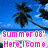 Pixelated beach scene with palm trees, blue sky, and ocean; pink text reads 'Summer 08' and 'Here I come.'