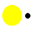 A yellow circular shape with a black dot, transitioning to a yellow Pac-Man-like figure eating two black dots on white background.