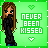 Pixel art contact sheet of six animated frames showing a female character with long brown hair and green eyes against a bright green background, each frame displaying the text "NEVER BEEN KISSED" in pixelated white letters within a green rectangle.