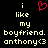 Pixelated text reads 'i like my boyfriend. anthony<3' with a red heart symbol replacing the 'o' in 'like' on the left side of the image.