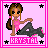Pixel art contact sheet of an animated buddy icon featuring a cartoon girl in pink with brown hair, displayed across eight frames on a gray background.