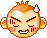 Pixelated cartoon head with orange hair, white forehead spot, red eyes, and a wide grin showing teeth.