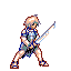 Pixel art character in blue and white armor holding a sword, shown across multiple poses including standing, attacking, and swinging with motion effects.
