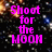 Pixelated text in bright pink on a starry background with nebulae, displaying phrases about shooting for the moon and landing among stars.