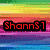 Rainbow striped background with red text "ShannS1" above a gray shoe icon and blue text "loves" on a heart background.