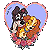 Pixelated heart-shaped icon featuring two cartoon dogs kissing inside a pastel-colored border with blue background.