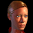 Pixelated portrait of a person with light brown hair, blue eyes, and a red garment against black background.