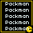 Four identical display repeated 'PacMan' text with a yellow Pac-Man icon in the bottom-right corner of each