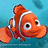 Pixelated orange clownfish with white stripes swims against blue background, displaying slight head turn across frames.
