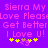 Pixelated text on purple background with yellow stars and brown accents, repeating phrases like 'Sierra My Love Please Get Better I Love U!' in pink.