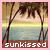 Pixelated beach scene with palm trees, ocean, and sunset sky; text 'sunkissed' at bottom.
