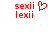 Red pixelated text 'sexii' above 'lexii' with a heart symbol on the left side, and identical text without the heart on the right.