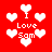 Red background with white pixelated hearts and text reading "I Love Sam" in multiple positions.