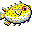 Pixelated yellow cartoon character with red spots, white underbelly, and blue accents on gray background; show slight positional shift