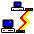 Pixel art of two computer monitors connected by a zigzagging cable, with one monitor displaying a blue screen and the other showing a light blue screen.