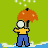 Pixel art animation of a stick figure holding an orange umbrella in rain, displayed as a 3x2 contact sheet with six sequential frames showing slight motion changes.