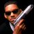 Pixelated static image of a person holding a sword diagonally across their face against a black background, with visible dithering and color blending in the pixel art style.
