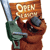 Pixelated image of a green-skinned character holding a large silver sword, standing before a brown background with partially visible text.