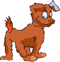 Brown cartoon dog with white ear accessory and orange tail flame, standing on gray background in multiple poses.