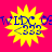 Yellow starburst shape with blue text on bright pink background, repeated four times in a