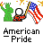 Animated pixel art buddy icon featuring Statue of Liberty, flag bearer, and American flag with text elements on gray background.