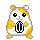 Pixelated hamster character with orange and white fur, black eyes, pink nose, and yellow feet in various expressions including closed eyes, open mouth, and tears.