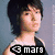 Three distinct anime-style character poses with black text overlay reading 'mara' and a left-pointing arrow symbol, displayed in a