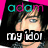 Pixelated image of a person with dark hair and blue eyes, featuring text overlays 'adam' in cyan/pink gradient and 'my idol' in white on black.