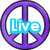 Three peace sign icons with text overlays: purple 'Live', rainbow 'Laugh', and black 'Love' in pixelated style.