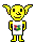Yellow pixelated character with large ears wears white shirt holding colorful square graphic, standing against gray background.