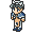 A 4-frame pixel art animation of a character in blue and white clothing performing sequential movements against a gray background.