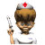 Animated pixel art of a character in nurse attire holding a syringe, with changing facial expressions and blue particle effects near the head.