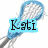 A pixelated image of a blue lacrosse stick with white mesh netting, overlaid by partially visible text reading "Kati Loves Lacrosse" in black letters on light blue backgrounds.