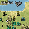 Pixel art scene showing soldiers on a grassy field with trees, rocks, and an airplane flying over water.