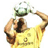 Pixelated static image of a person in yellow shirt pouring liquid from green container into mouth with arms raised, set against white background.