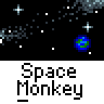 Animated pixel art contact sheet showing a space monkey character in various poses against a starry background with Earth and planets, arranged in 5x5 grid of sampled frames.