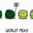Pixelated green background with black text reading 'Peas On Earth' and a of circular icons including dark green, yellow, and red-topped shapes on white