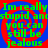 Green text on blue background with red spiral patterns, repeated four times in a