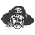 Pixelated grayscale icon of a figure with long dark hair wearing a wide-brimmed hat, holding a circular object with a central dot.