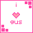 Pixelated pink and white icon with 'i' at top, heart symbol in center, 'gus' text below, and corner square clusters.