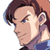 Pixelated anime-style character head and shoulder portrait with brown hair, blue eyes, and purple clothing against a white background.